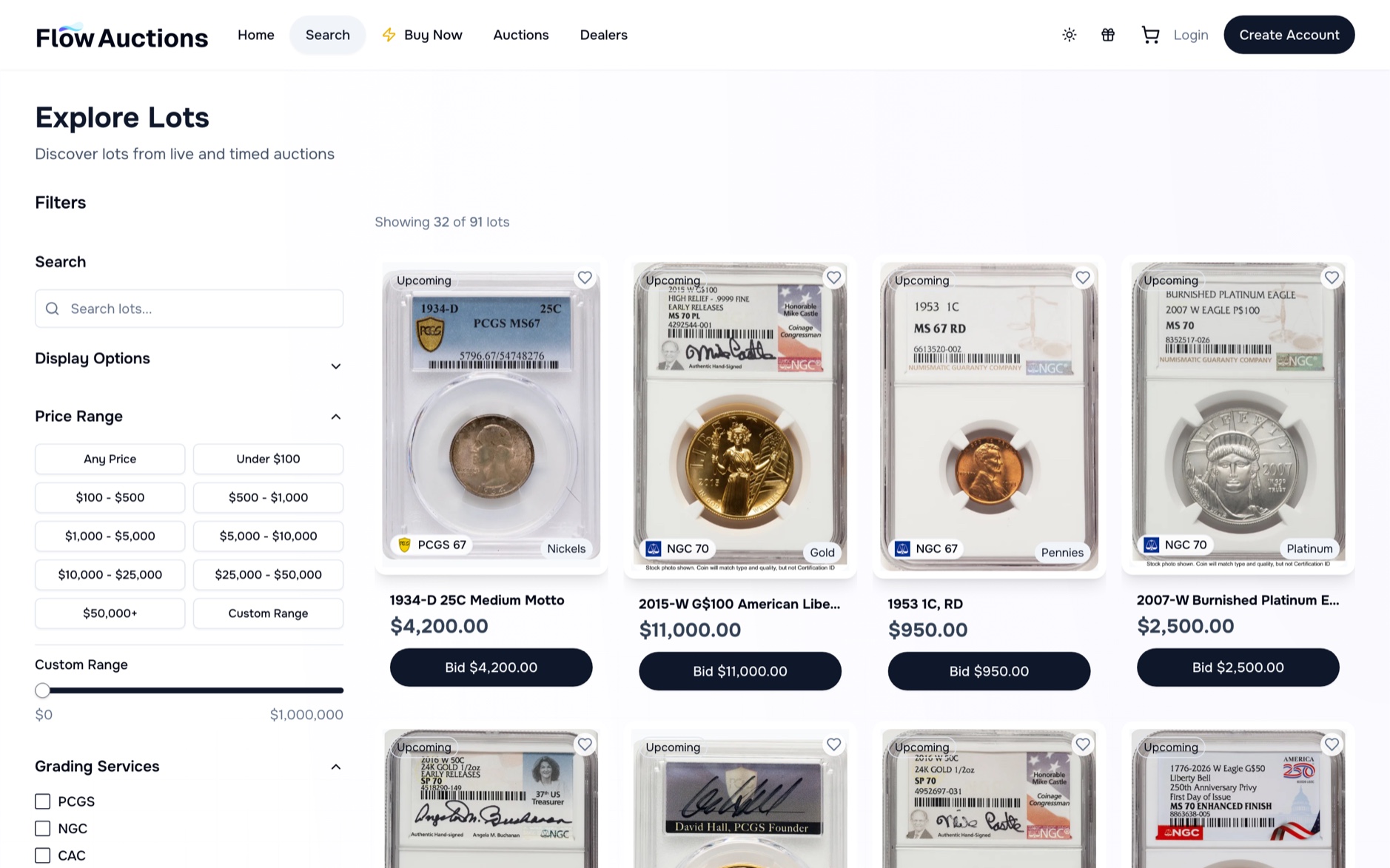 The Flow Auctions marketplace with graded coins open for bids